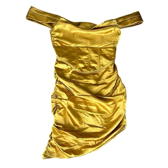 For Love & Lemons Women’s Drew Mini Bustier Draped Dress in Golden Yellow Satin - Picture 3 of 12